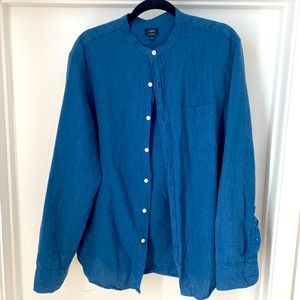 Collarless Blue Linen Shirt